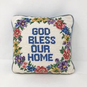Vintage God Bless Our Home Needle Point Pillow, Mid Century Needle Point